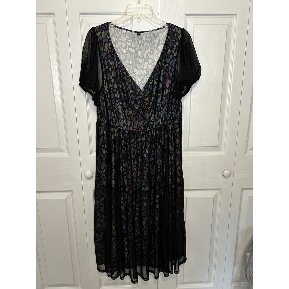 Torrid Womens Black Multi Abstract Mesh Tiered Midi Dress Size 1 Puff Sleeve 1X